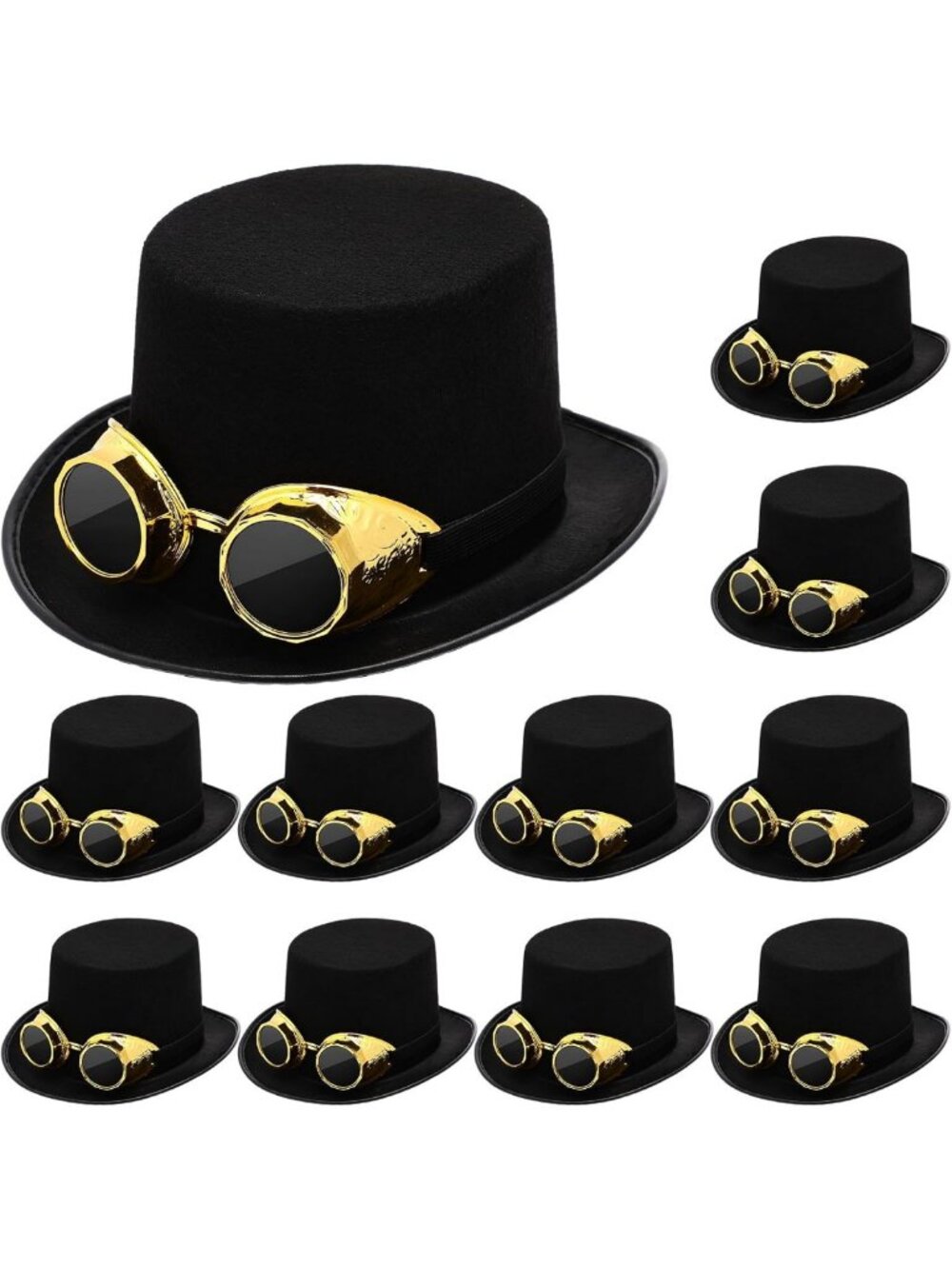 10 Pack Steampunk Top Hats with Gold Goggles | Unisex Gothic Cosplay Accessories